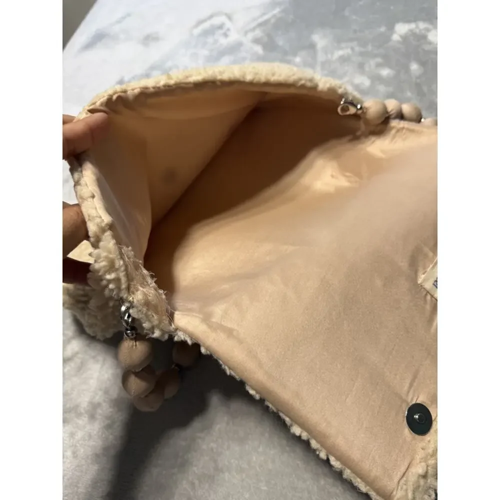 Samantha Pleet Sherpa Fleece Beaded Handle Shoulder Bag Cream Cozy Winter Clutch - Picture 3 of 10